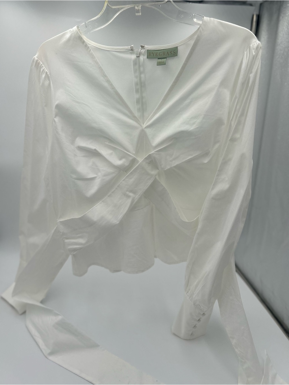 Ryegrass White Twist-Front Long-Sleeve Blouse with Waist Tie
